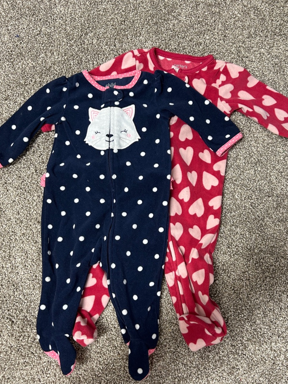 Baby Girl’s One-Piece Sleepers - Navy Polka Dot Cat & Pink Heart Prints